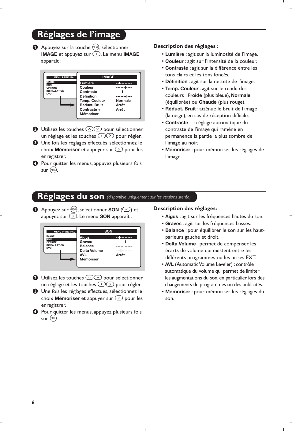 Réglages de l’image réglages du son | Philips 14PT6107 User Manual | Page 20 / 112