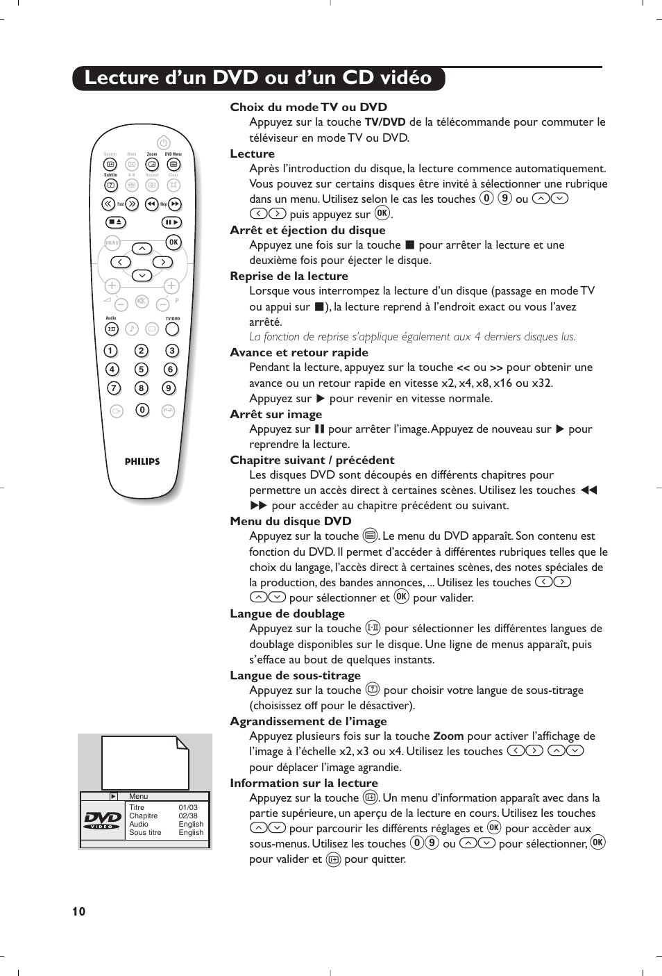 Lecture d’un dvd ou d’un cd vidéo, Оп и, И¬ оп | Philips 14PT6107 User Manual | Page 24 / 112