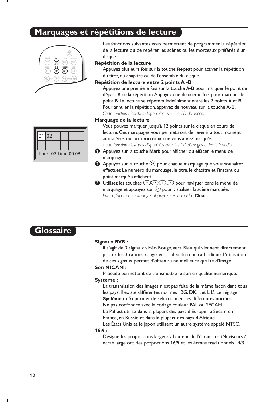 Marquages et répétitions de lecture, Glossaire | Philips 14PT6107 User Manual | Page 26 / 112