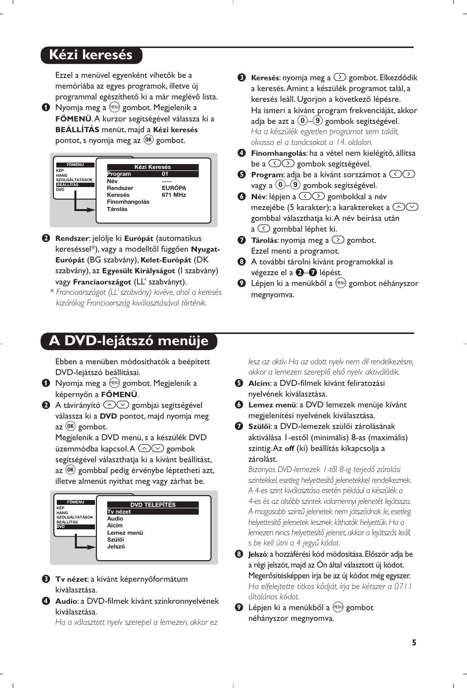 Kézi keresés a dvd-lejátszó menüje | Philips 14PT6107 User Manual | Page 33 / 112