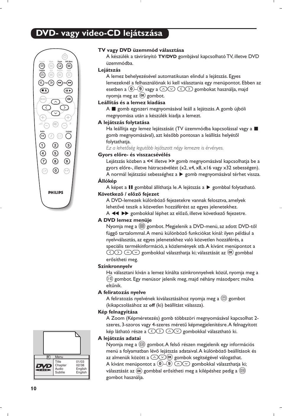 Dvd- vagy video-cd lejátszása, Оп и, И¬ оп | 9 îï | Philips 14PT6107 User Manual | Page 38 / 112