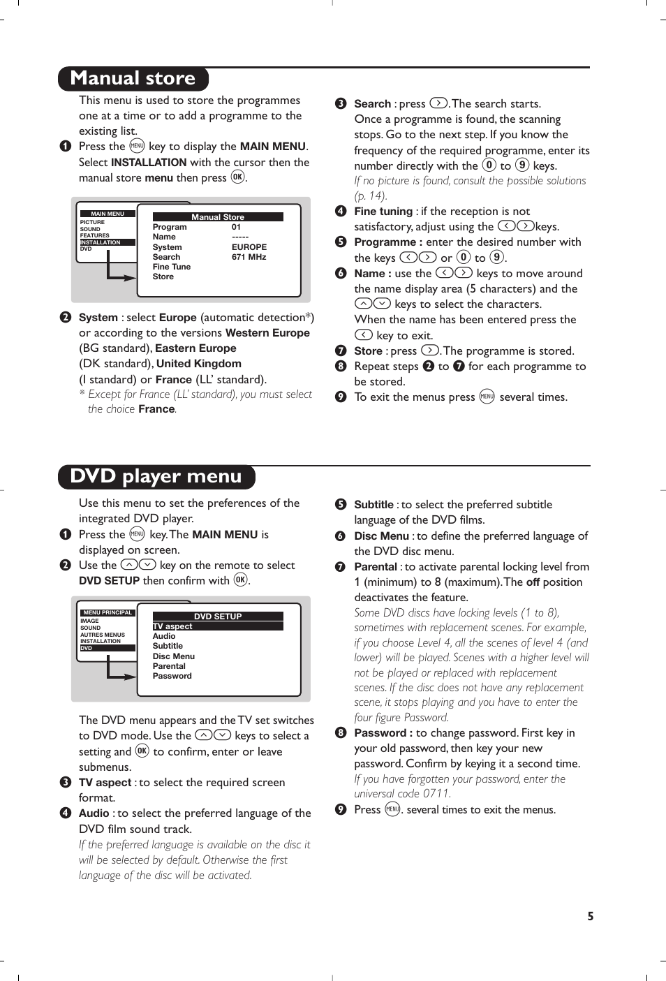 Manual store dvd player menu | Philips 14PT6107 User Manual | Page 5 / 112