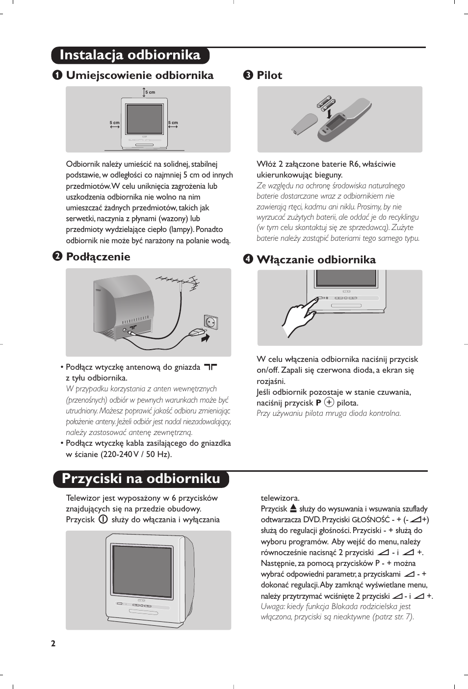 Instalacja odbiornika przyciski na odbiorniku, Umiejscowienie odbiornika, Podłączenie | Pilot, Włączanie odbiornika | Philips 14PT6107 User Manual | Page 58 / 112