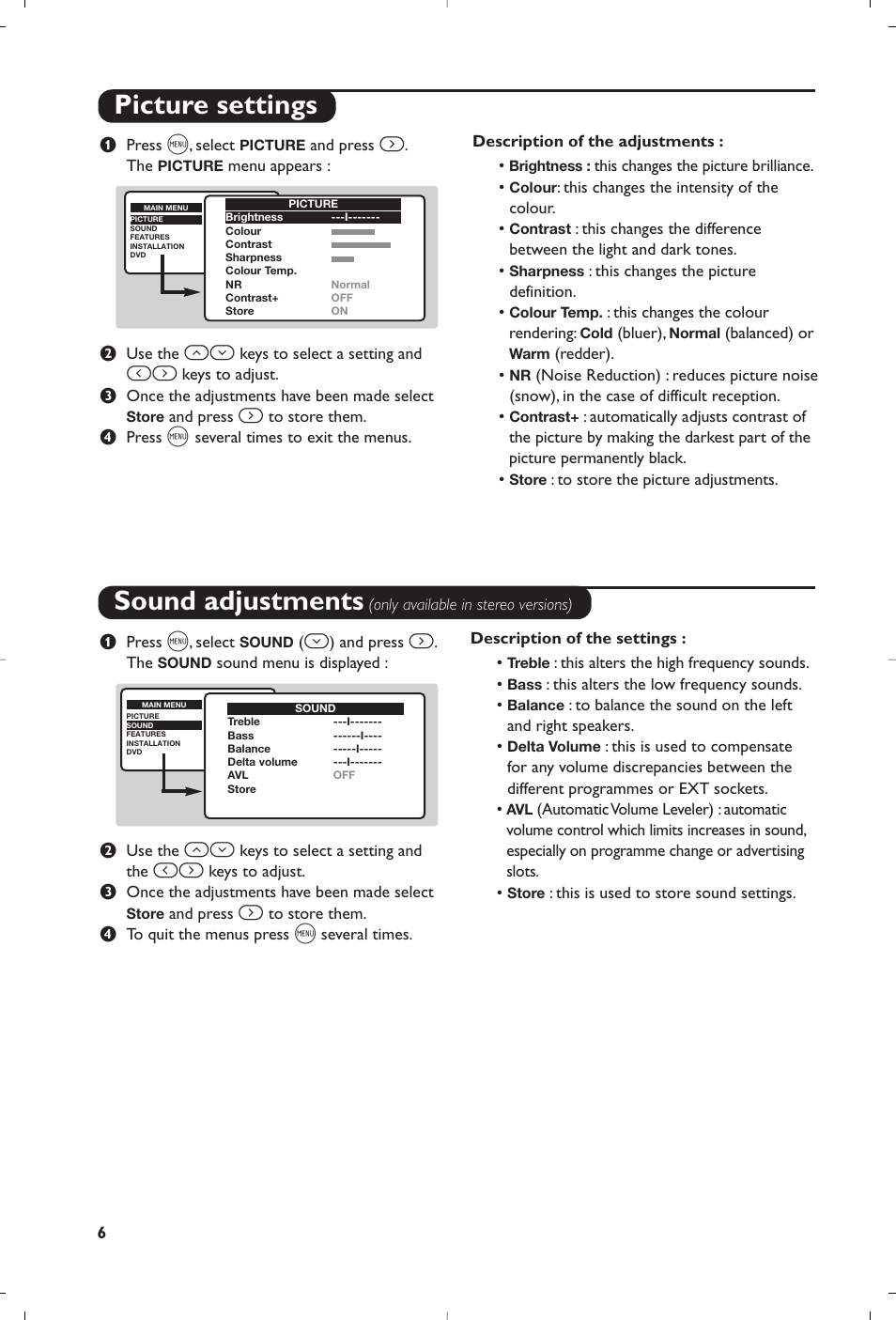 Picture settings sound adjustments | Philips 14PT6107 User Manual | Page 6 / 112