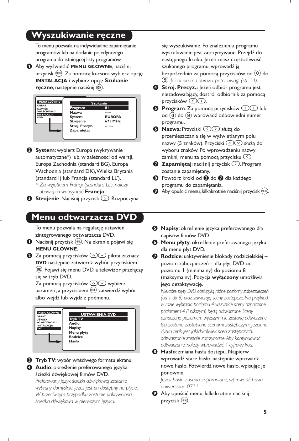 Wyszukiwanie ręczne menu odtwarzacza dvd | Philips 14PT6107 User Manual | Page 61 / 112