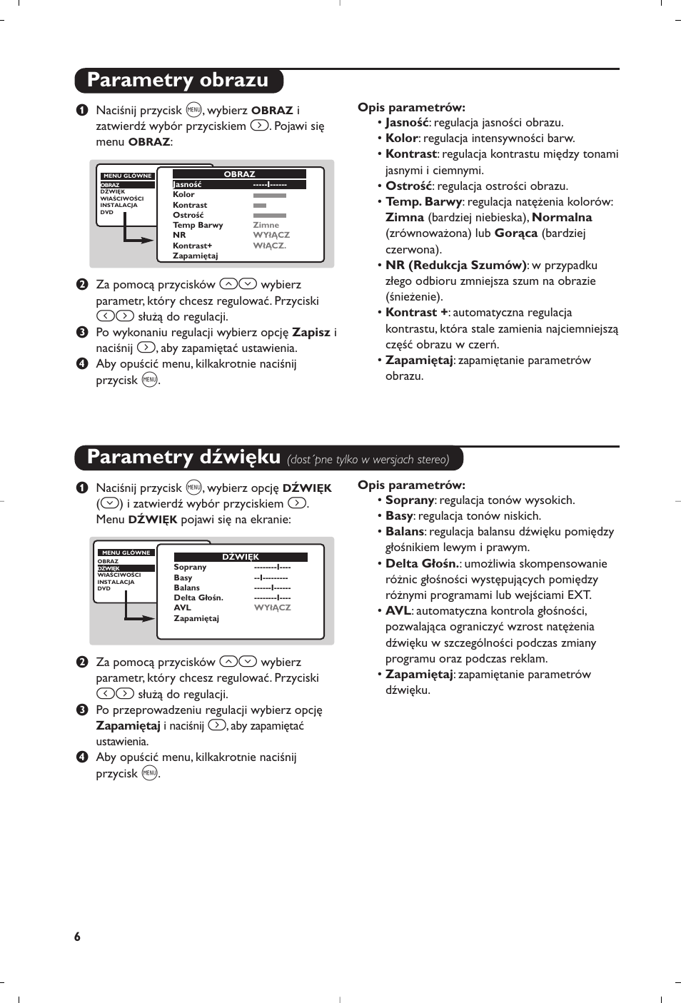 Parametry obrazu parametry dźwięku | Philips 14PT6107 User Manual | Page 62 / 112