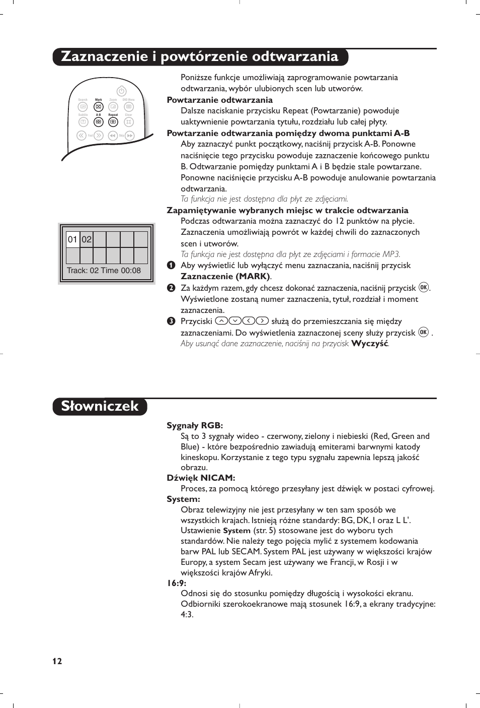 Zaznaczenie i powtórzenie odtwarzania, Słowniczek | Philips 14PT6107 User Manual | Page 68 / 112