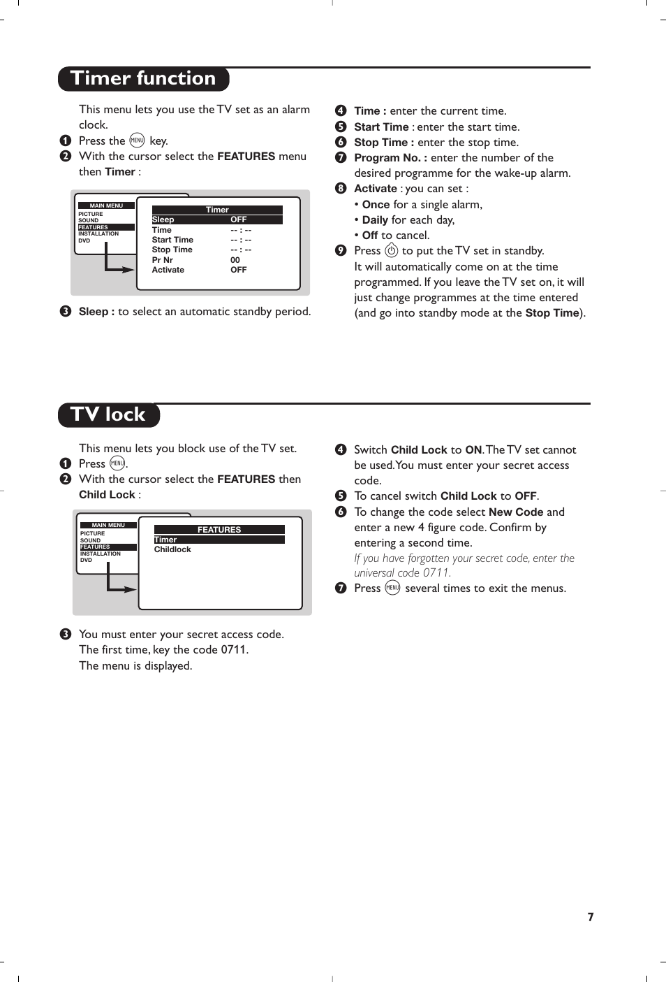 Timer function tv lock | Philips 14PT6107 User Manual | Page 7 / 112