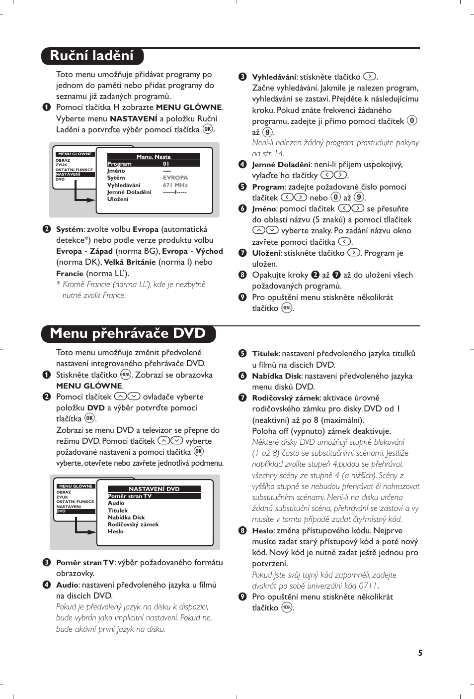 Ruční ladění menu přehrávače dvd | Philips 14PT6107 User Manual | Page 75 / 112