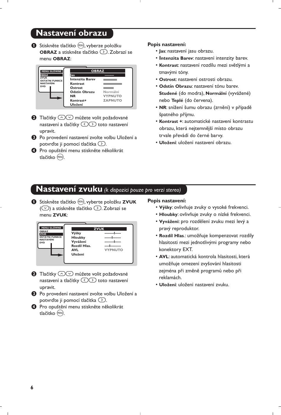 Nastavení obrazu nastavení zvuku | Philips 14PT6107 User Manual | Page 76 / 112