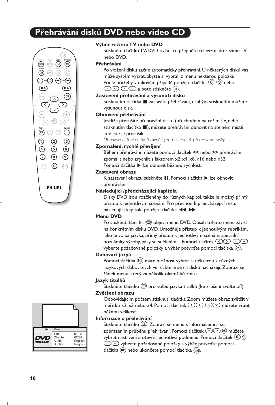 Přehrávání disků dvd nebo video cd, Оп и, И¬ оп | 09 îï | Philips 14PT6107 User Manual | Page 80 / 112