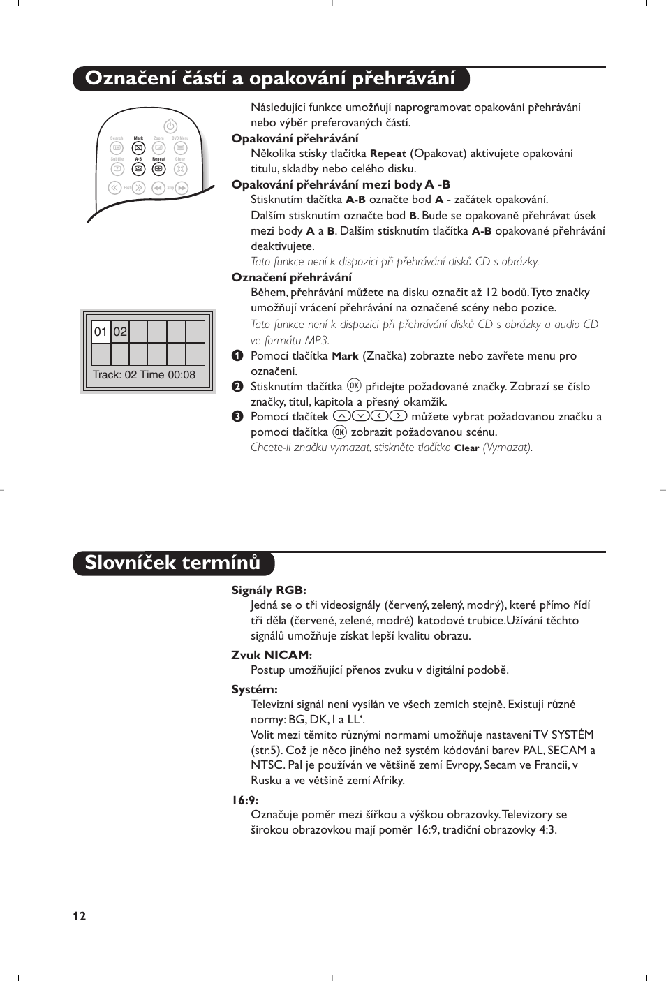 Označení částí a opakování přehrávání, Slovníček termínů | Philips 14PT6107 User Manual | Page 82 / 112