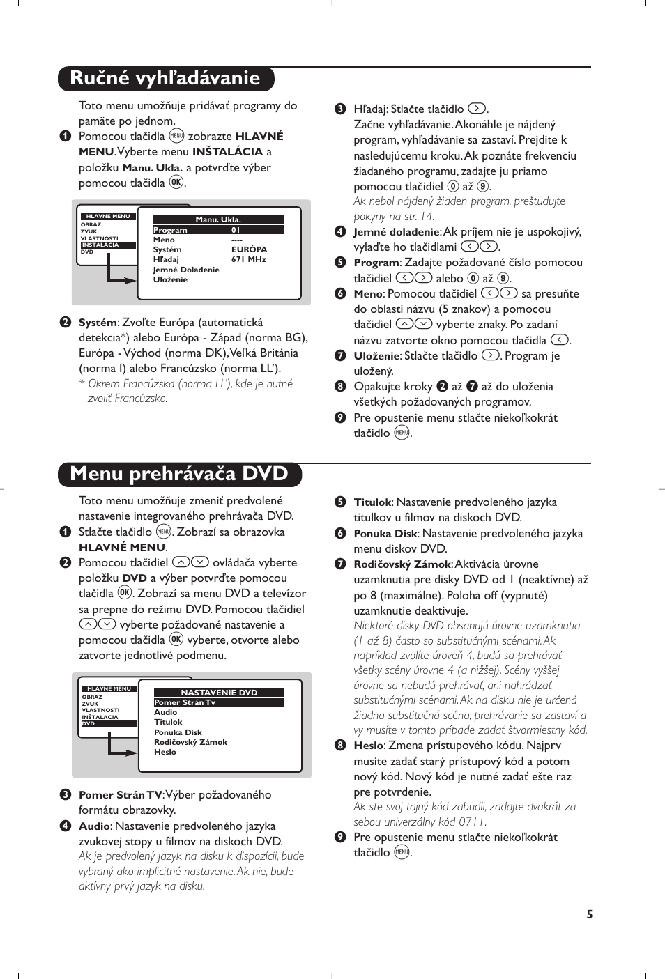 Ručné vyhľadávanie menu prehrávača dvd | Philips 14PT6107 User Manual | Page 89 / 112