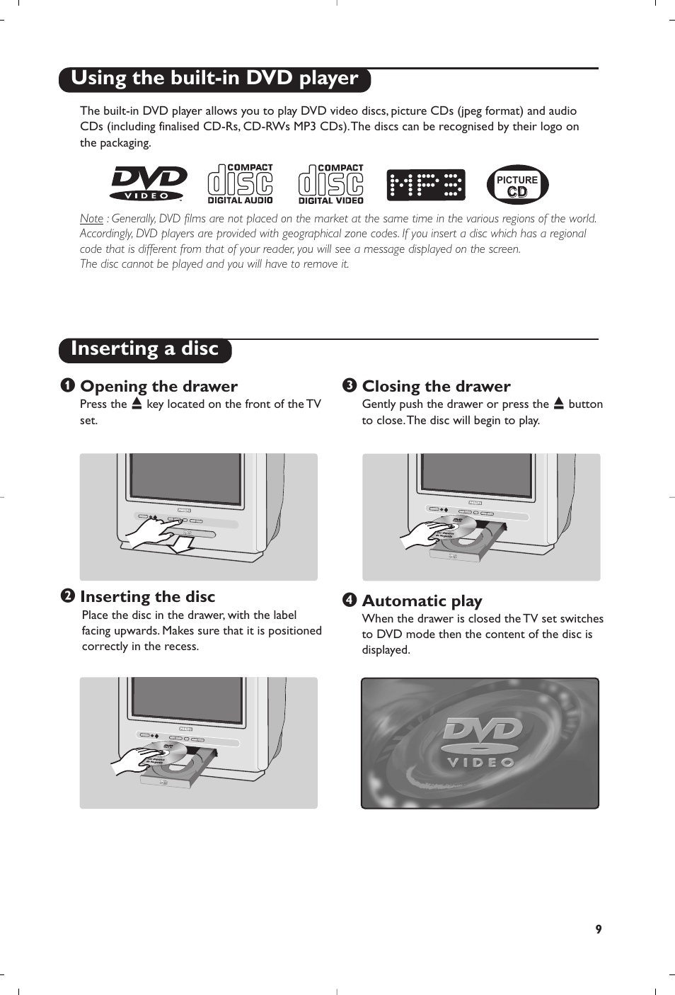 Using the built-in dvd player inserting a disc | Philips 14PT6107 User Manual | Page 9 / 112