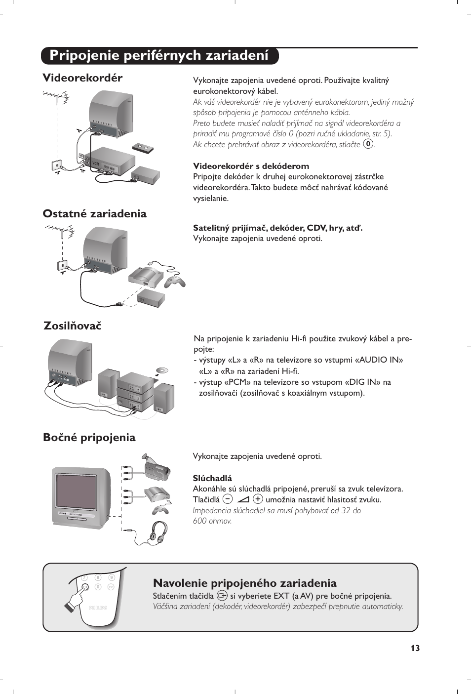 Pripojenie periférnych zariadení, Videorekordér, Ostatné zariadenia zosilňovač | Navolenie pripojeného zariadenia, Bočné pripojenia | Philips 14PT6107 User Manual | Page 97 / 112