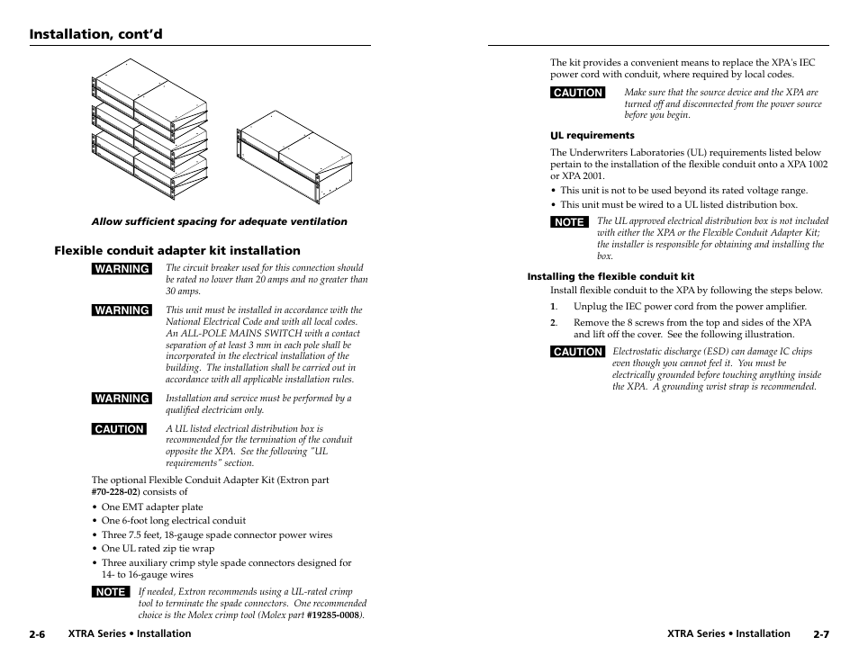 Flexible conduit adapter kit installation, Installing the flexible conduit kit, Flexible conduit adapter kit installation -6 | Installing the flexible conduit kit -7, Installation, cont’d | Extron electronic XPA 200170V User Manual | Page 10 / 23