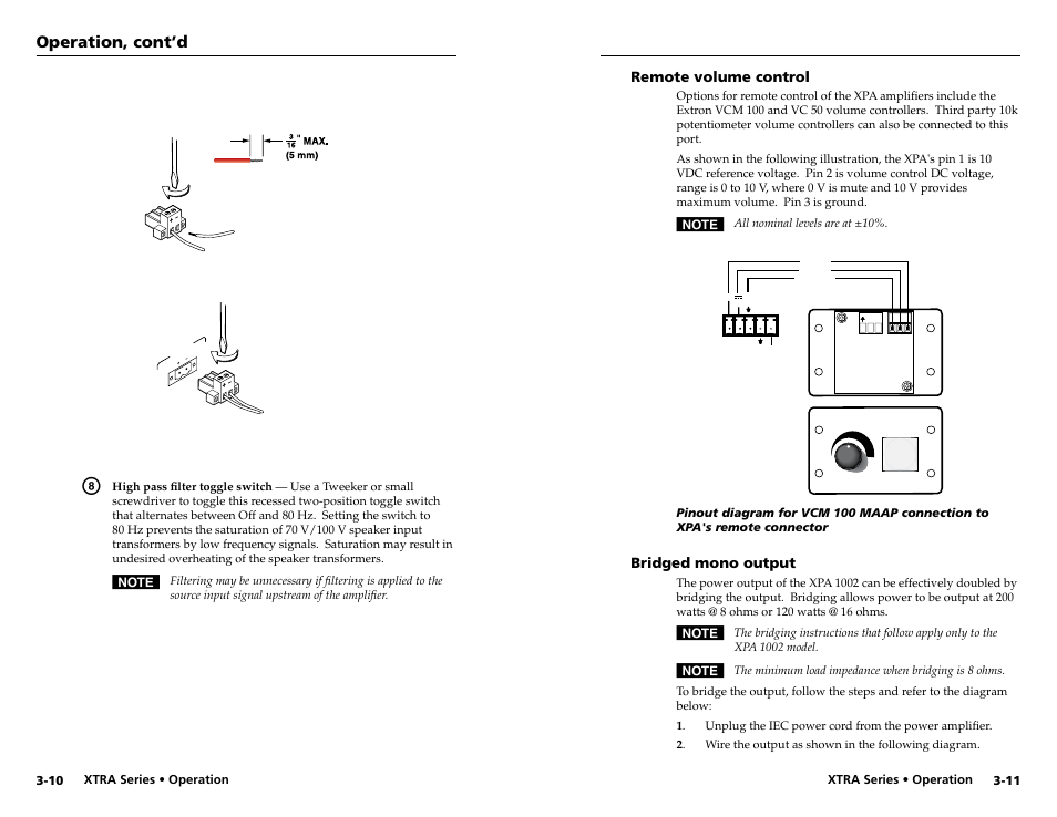 Remote volume control, Bridged mono output, Remote volume control -11 bridged mono output -11 | Operation, cont’d | Extron electronic XPA 200170V User Manual | Page 17 / 23