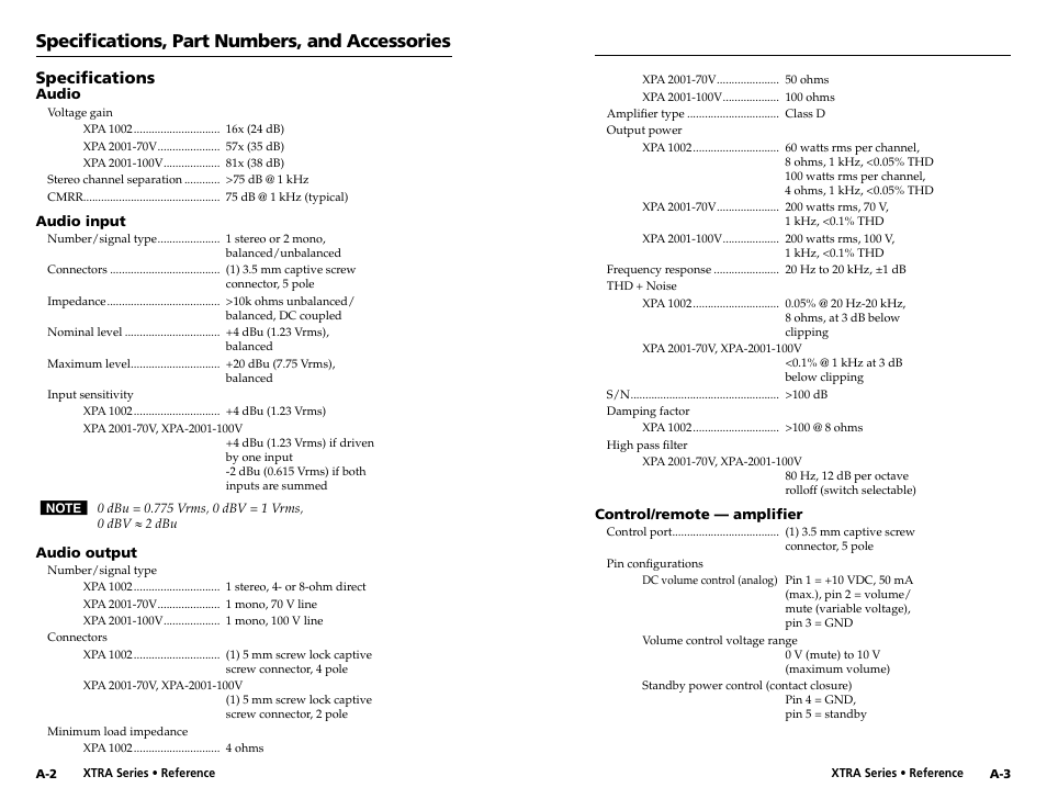 Specifications, Specifications, part numbers, and accessories | Extron electronic XPA 200170V User Manual | Page 19 / 23