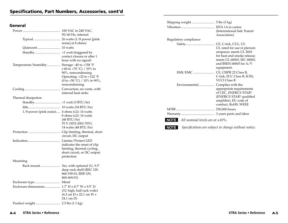 Specifications, part numbers, accessories, cont’d | Extron electronic XPA 200170V User Manual | Page 20 / 23