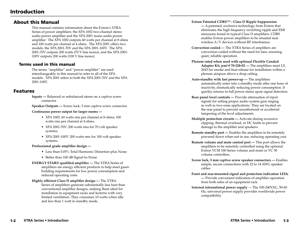 About this manual, Terms used in this manual, Features | Terms used in this manual -2, Introduction | Extron electronic XPA 200170V User Manual | Page 6 / 23