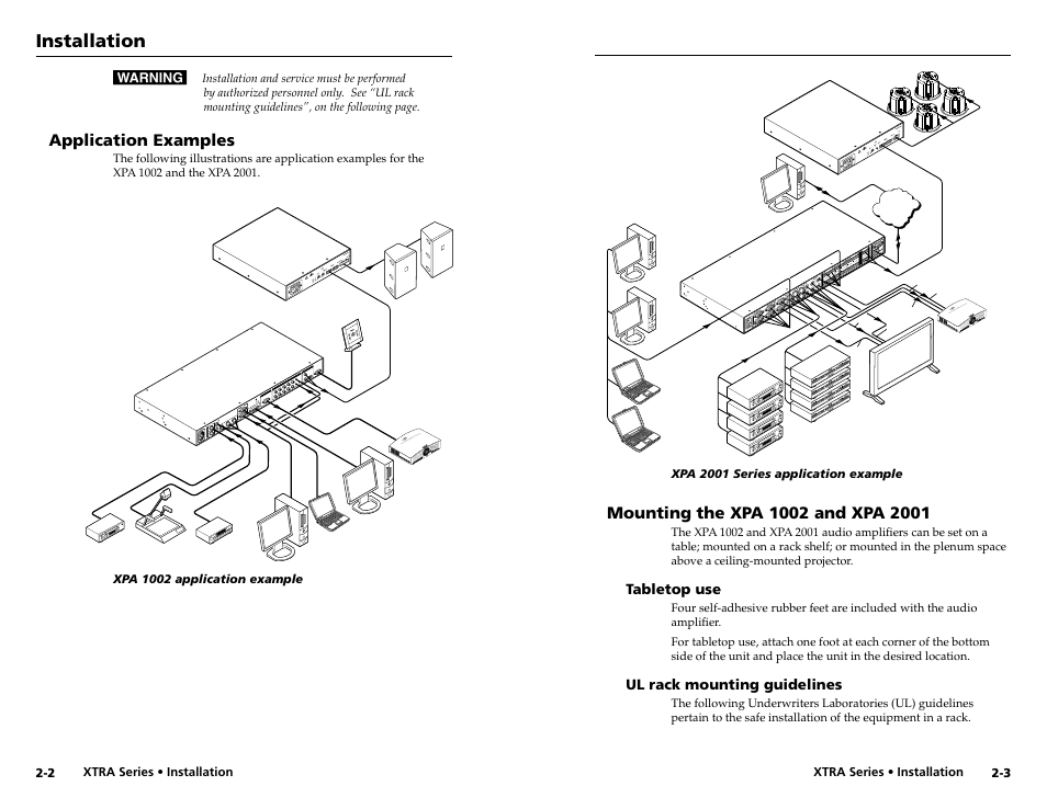 Application examples, Mounting the xpa 1002 and xpa 2001, Tabletop use | Ul rack mounting guidelines, Tabletop use -3 ul rack mounting guidelines -3 | Extron electronic XPA 200170V User Manual | Page 8 / 23
