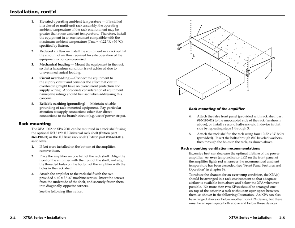 Rack mounting, Rack mounting ventilation recommendations, Rack mounting -4 | Rack mounting ventilation recommendations -5, Installation, cont’d | Extron electronic XPA 200170V User Manual | Page 9 / 23