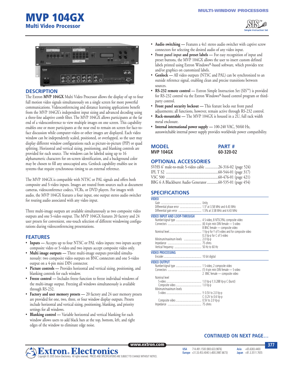 Extron electronic Multi Video Processor MVP 104GX User Manual | 2 pages