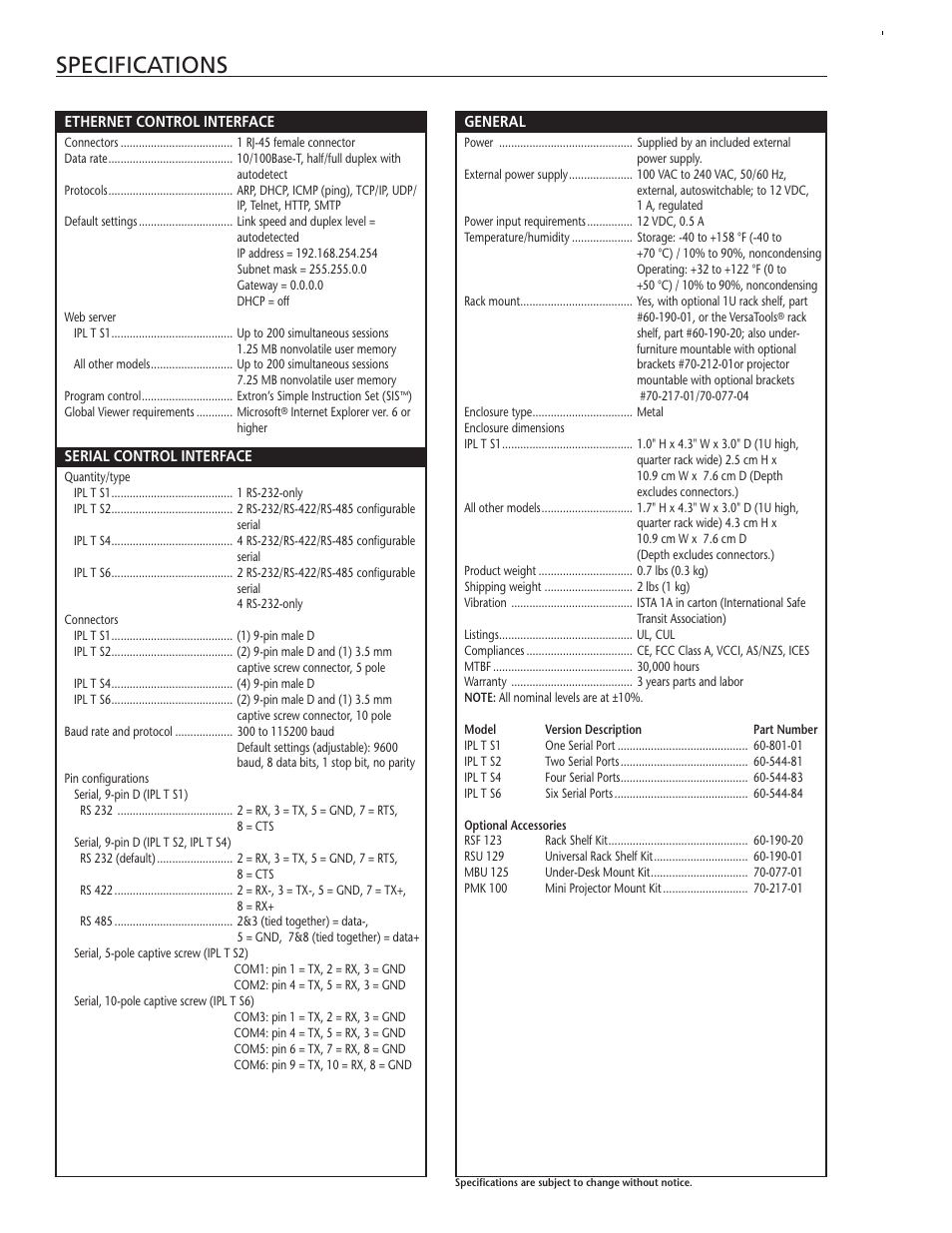 Specifications | Extron electronic IPL T S User Manual | Page 4 / 6