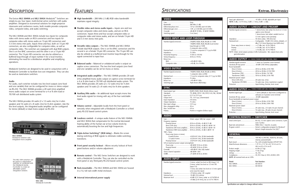 Pecifications, Eatures, Escription | Video, Video input and loop-through, Video output, Sync, Audio, Audio input, Audio output — lineout and preamp | Extron electronic Extron MediaLink MLS 304SA User Manual | Page 2 / 4