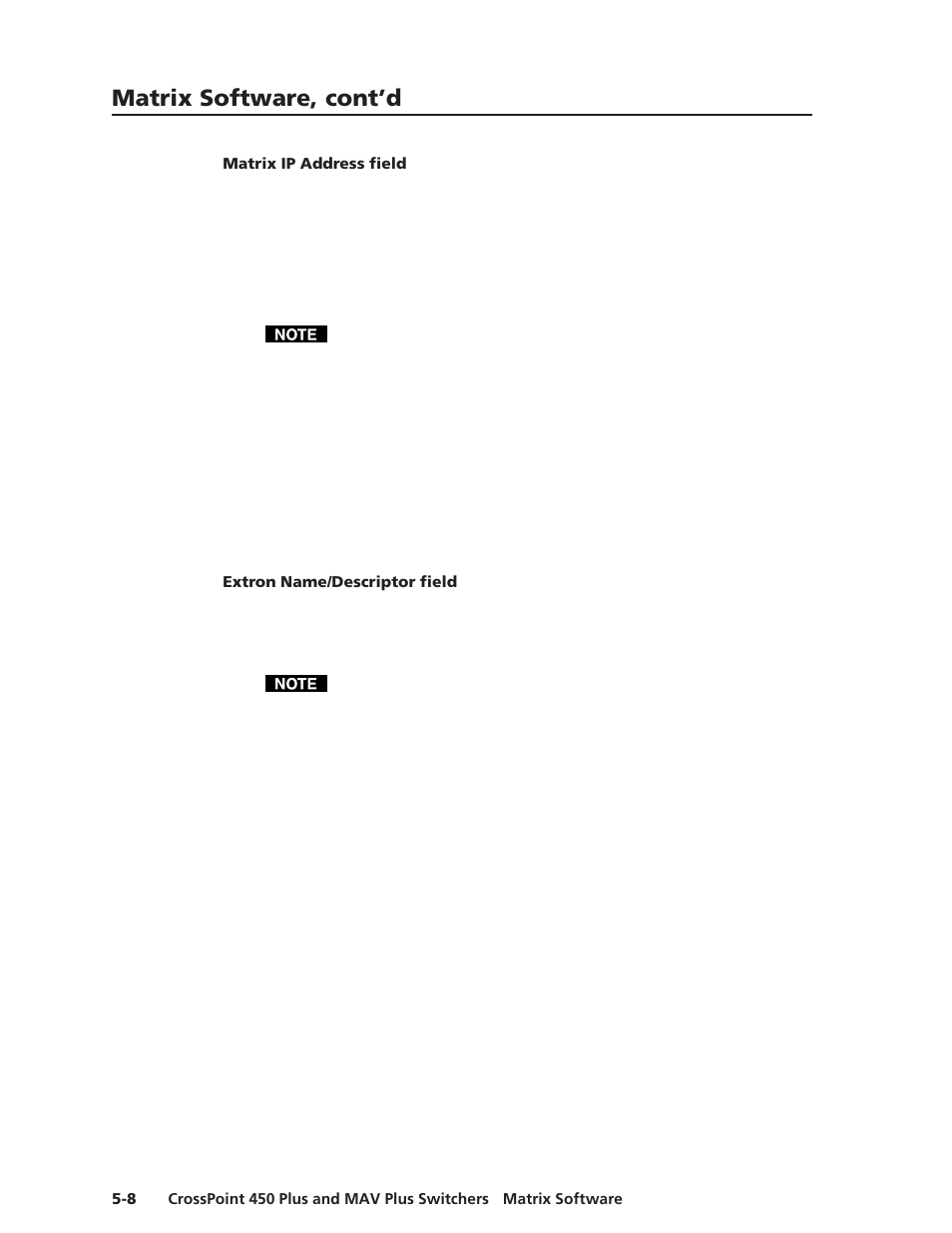 Matrix ip address field, Extron name/descriptor field, Matrix software, cont’d | Extron Electronics MAV Plus Series User Manual | Page 135 / 199