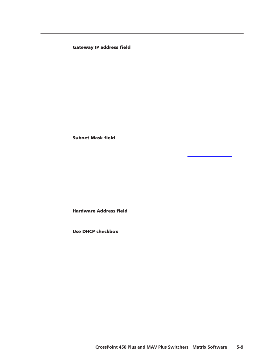 Gateway ip address field, Subnet mask field, Hardware address field | Use dhcp checkbox | Extron Electronics MAV Plus Series User Manual | Page 136 / 199