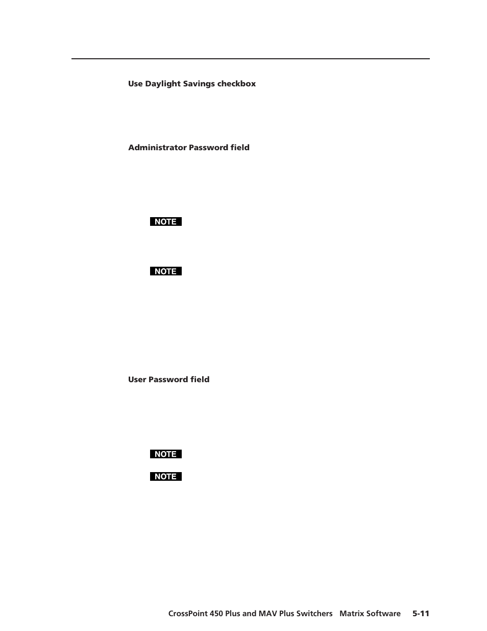 Use daylight savings checkbox, Administrator password field, User password field | Extron Electronics MAV Plus Series User Manual | Page 138 / 199