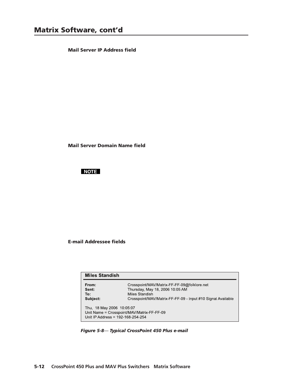 Mail server ip address field, Mail server domain name field, E-mail addressee fields | Matrix software, cont’d | Extron Electronics MAV Plus Series User Manual | Page 139 / 199