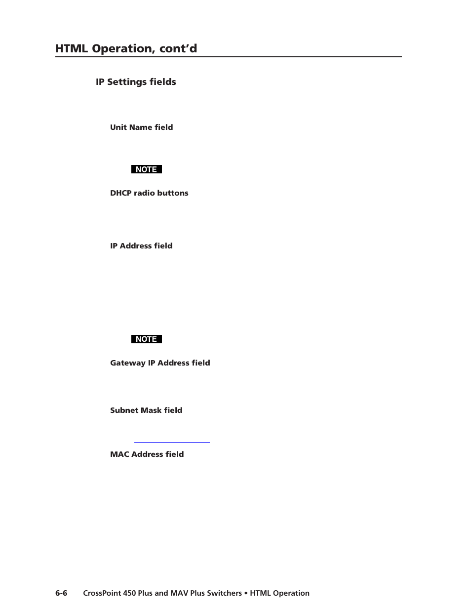 Ip settings fields, Unit name field, Dhcp radio buttons | Ip address field, Gateway ip address field, Subnet mask field, Mac address field, Html operation, cont’d | Extron Electronics MAV Plus Series User Manual | Page 157 / 199