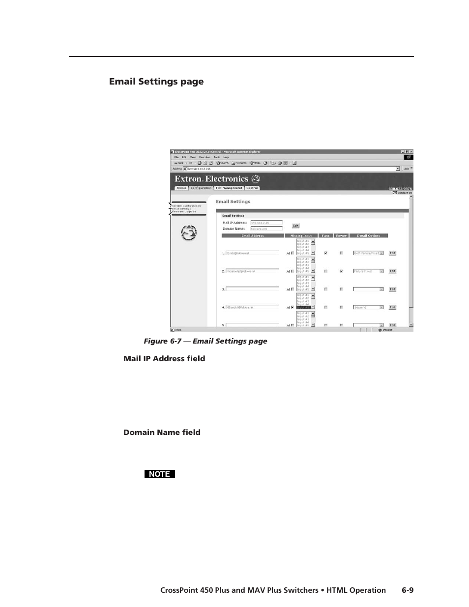 Mail ip address field, Domain name field, Email settings page | Extron Electronics MAV Plus Series User Manual | Page 160 / 199