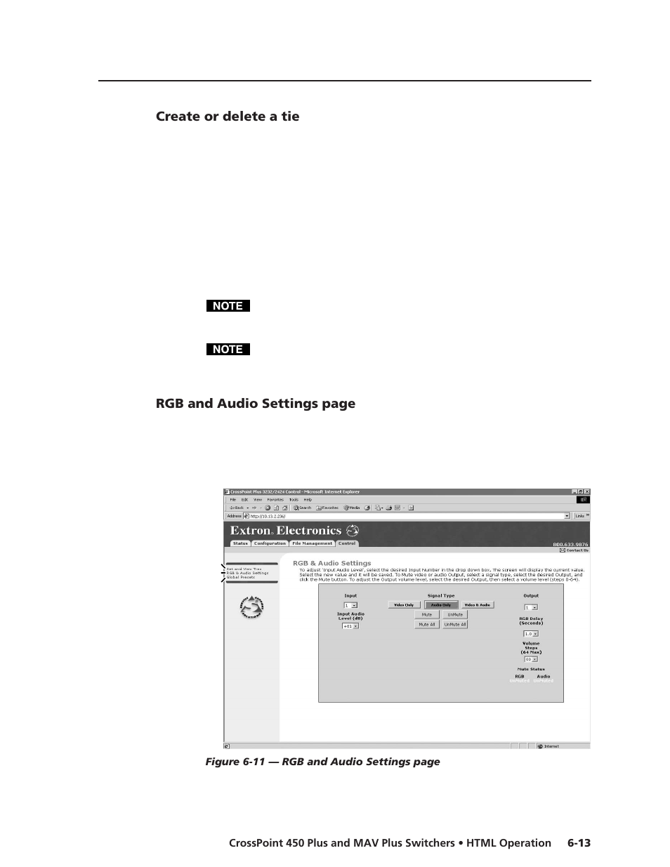 Create or delete a tie, Rgb and audio settings page | Extron Electronics MAV Plus Series User Manual | Page 164 / 199