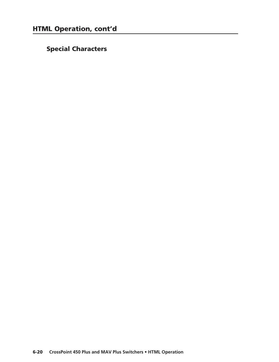Special characters, Html operation, cont’d | Extron Electronics MAV Plus Series User Manual | Page 171 / 199
