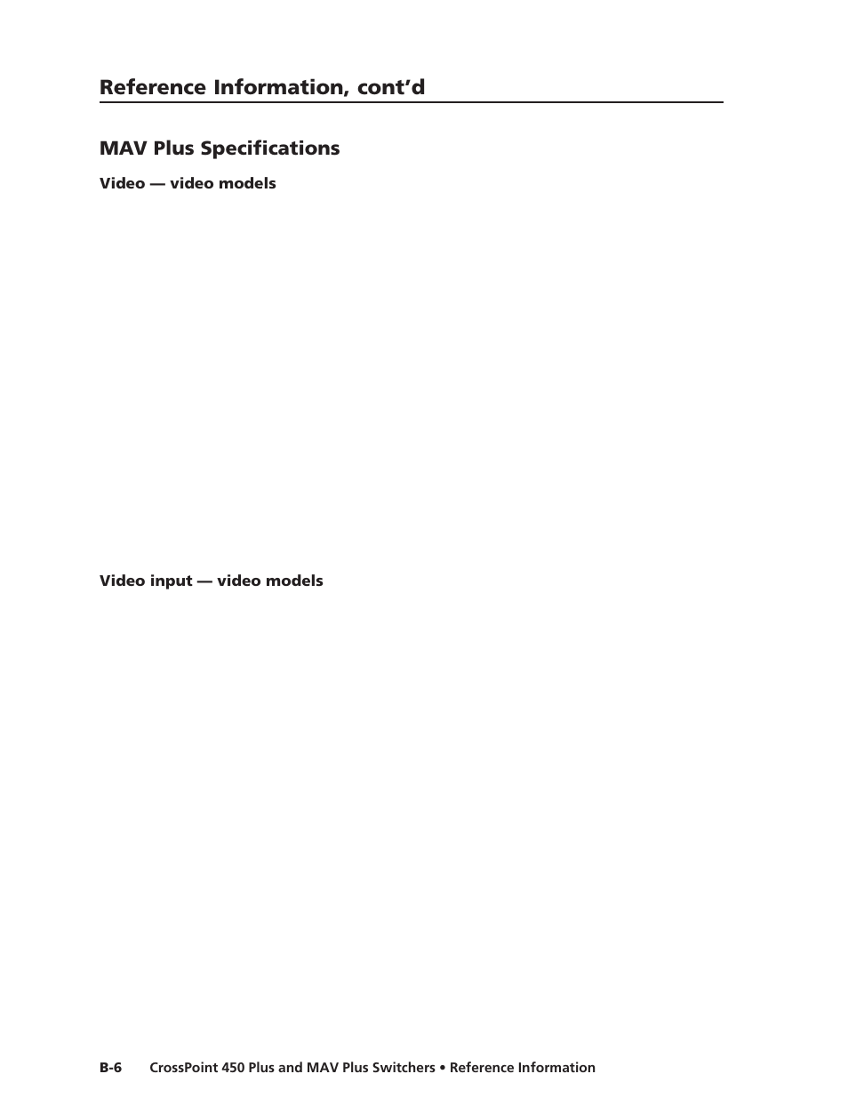 Mav plus specifications, Reference information, cont’d | Extron Electronics MAV Plus Series User Manual | Page 185 / 199