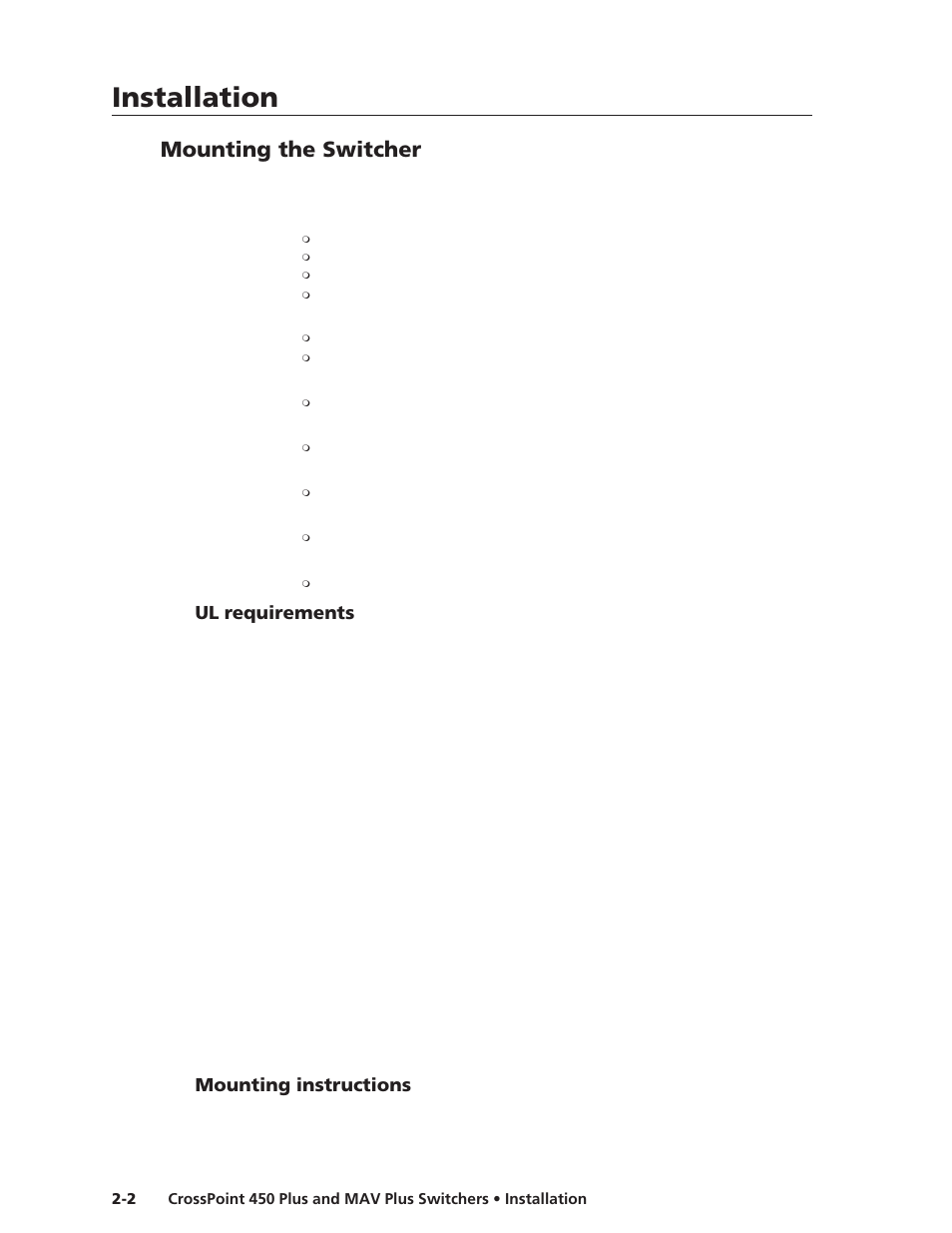 Mounting the switcher, Ul requirements, Mounting instructions | Installation, Installation, cont’d | Extron Electronics MAV Plus Series User Manual | Page 25 / 199