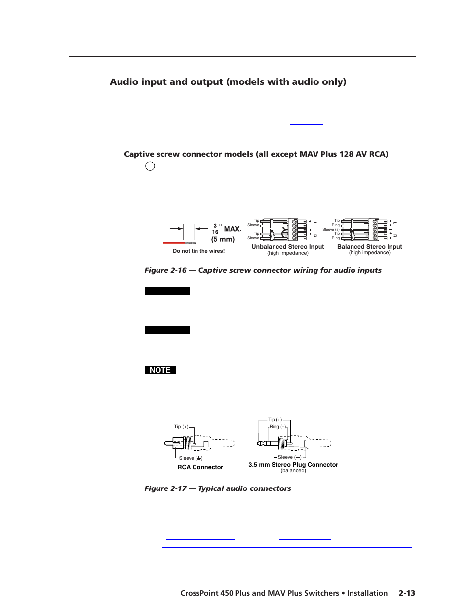 Audio input and output (models with audio only), Caution | Extron Electronics MAV Plus Series User Manual | Page 36 / 199