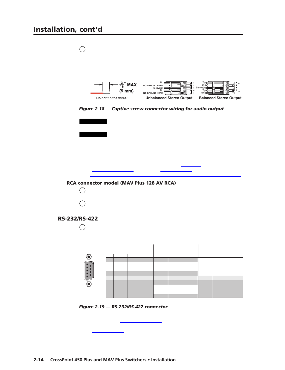 Rca connector model (mav plus 128 av rca), Rs-232/rs-422, Installation, cont’d | Extron Electronics MAV Plus Series User Manual | Page 37 / 199