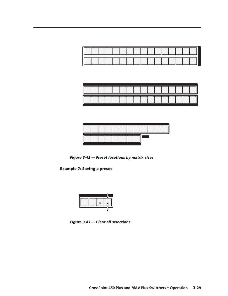 Example 7: saving a preset, Figure 3-42 — preset locations by matrix sizes, Figure 3-43 — clear all selections | Extron Electronics MAV Plus Series User Manual | Page 72 / 199