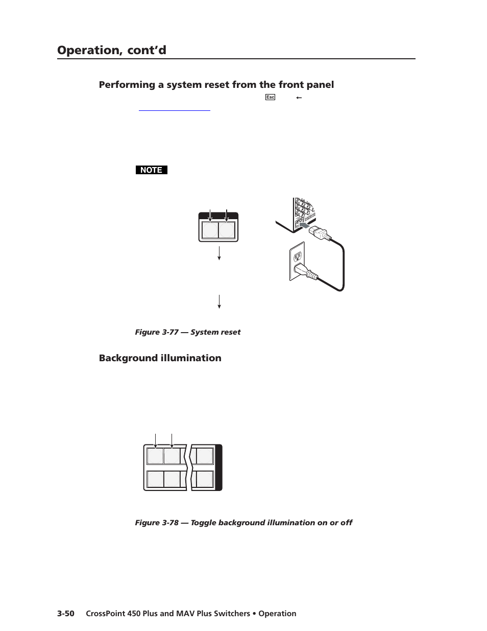 Performing a system reset from the front panel, Background illumination, Operation, cont’d | Extron Electronics MAV Plus Series User Manual | Page 93 / 199