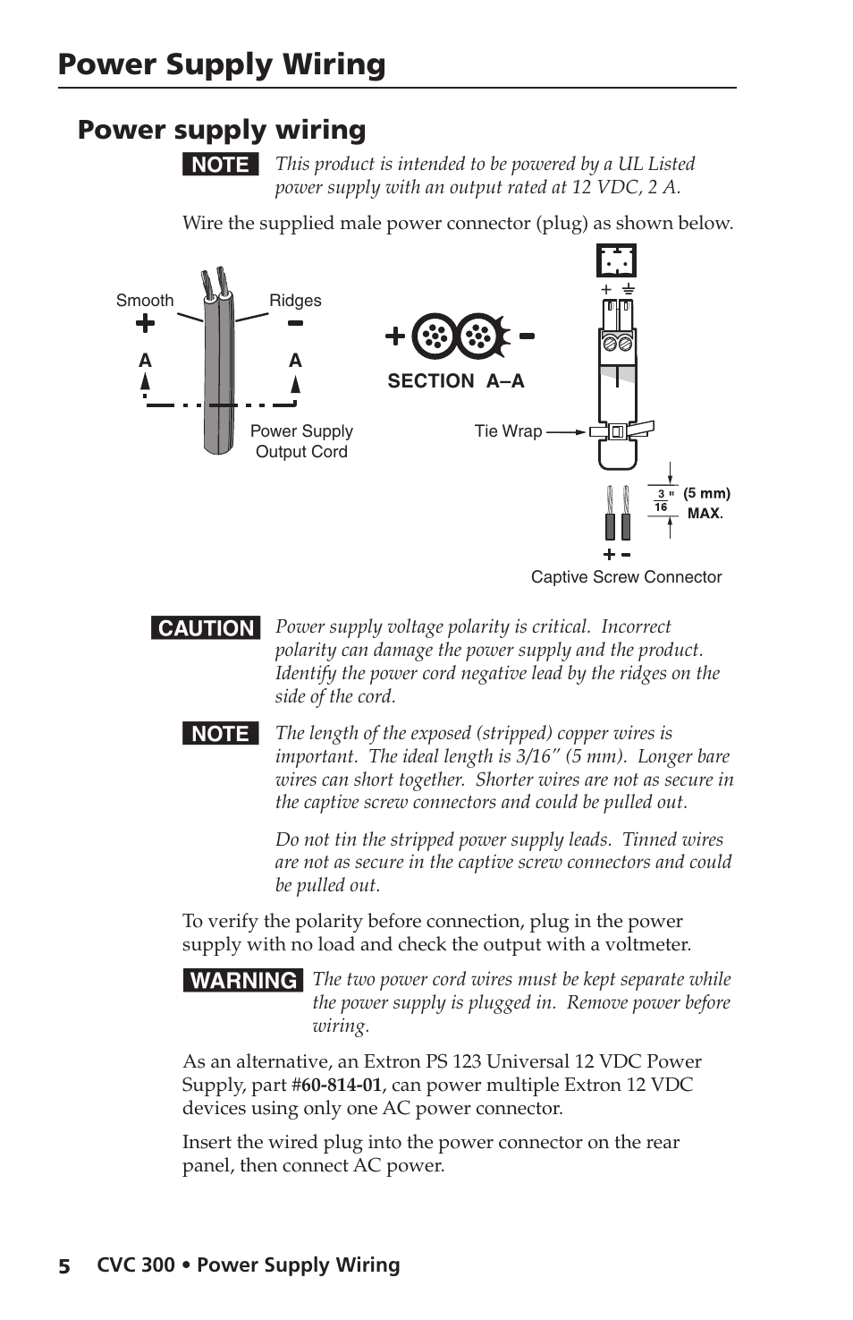 Power supply wiring | Extron Electronics CVC 300 User Manual | Page 6 / 8