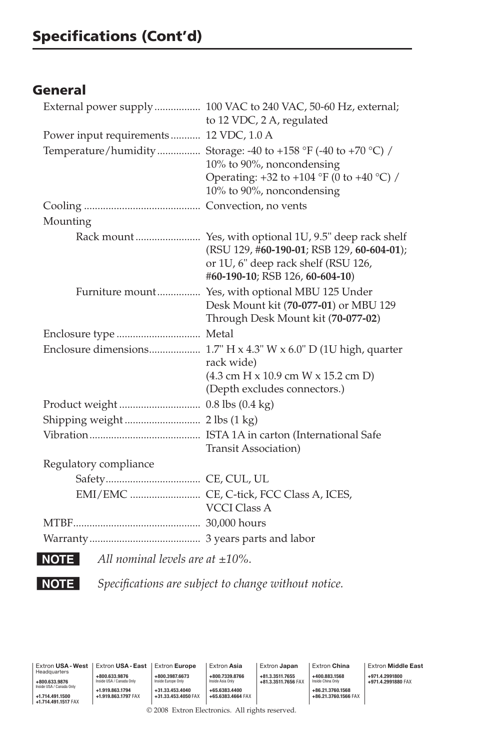 Specifications (cont’d), General | Extron Electronics CVC 300 User Manual | Page 8 / 8
