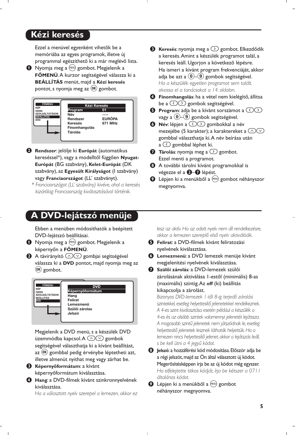 Kézi keresés a dvd-lejátszó menüje | Philips 15PT6807 User Manual | Page 33 / 112