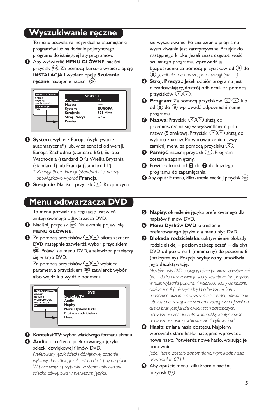 Wyszukiwanie ręczne menu odtwarzacza dvd | Philips 15PT6807 User Manual | Page 61 / 112