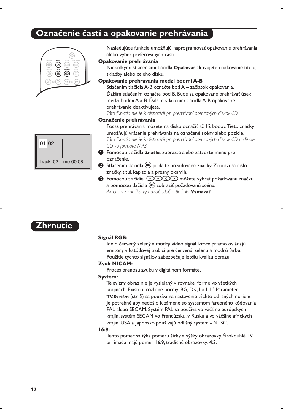 Označenie častí a opakovanie prehrávania, Zhrnutie | Philips 15PT6807 User Manual | Page 96 / 112