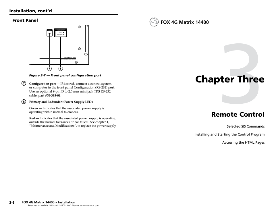 Front panel, Chapter 3 • remote control, Chapter three • remote control | Chapter three | Extron electronic 14400 User Manual | Page 10 / 20