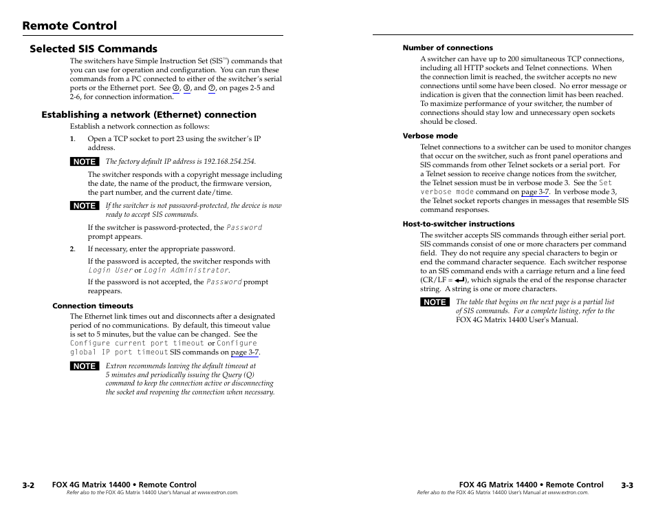 Selected sis commands, Establishing a network (ethernet) connection, Connection timeouts | Number of connections, Verbose mode, Host-to-switcher instructions, Selected sis commands, Establishing a network (ethernet) connection -2, Remote control | Extron electronic 14400 User Manual | Page 11 / 20